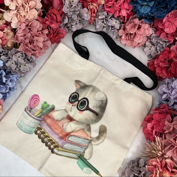 Eco-Friendly Bookworm Kitten Folding Tote Bag - Picture 4 of 15